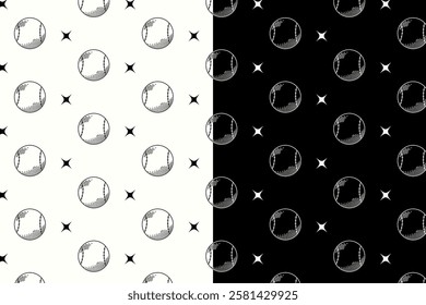 baseball balls with star doodle seamless pattern on black white background set. baseball ball with light burst engraving pattern background. retro balls background for baseball sport club merchandise