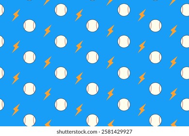 baseball balls with thunder colorful seamless pattern on blue background set. doodle softball balls with light illustration pattern background. balls background for baseball sport club merchandise