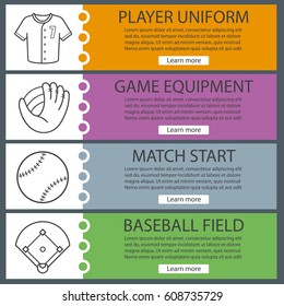 Baseball banner templates set. Player's shirt, ball and mitt, field. Website menu items with linear icons. Color web banner. Vector headers design concepts