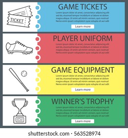 Baseball banner templates set. Softball bat and ball, winner's award, player's shoe, game tickets. Website menu items with linear icons. Color web banner. Vector headers design concepts