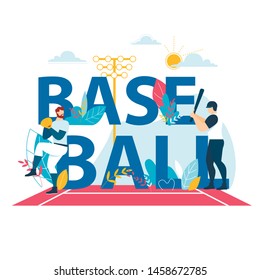 Baseball Banner with Typography, Sportsmen Playing at Championship Competition. Pitcher Throw Ball to Batter Hitter on Stadium. Sports Players in Action, Tournament. Cartoon Flat Vector Illustration