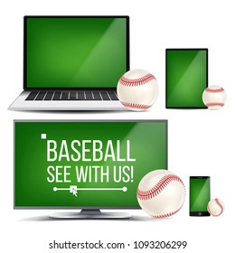 Baseball Banner Vector. Baseball Ball. Online Stream, Bookmaker Sport Game App. Design Element. Live Match.  Electronic Gadgets Realistic Illustration