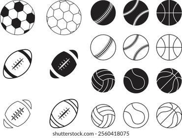 Baseball, Basketball, Cricket Ball, football, Rugby ball, and Voleyball icon set. line and glyph version vector sport game pictogram collection isolated on transparent background design leather ball