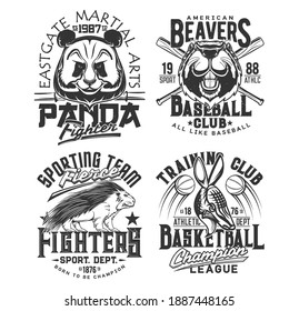 Baseball, basketball team t shirt print sport club vector emblems. Street fighting martial arts and athletic varsity sport league mascots, panda, American beaver and porcupine t-shirt prints