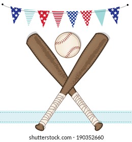 Baseball and bat with american patriotic banners and frame, layout for scrapbooking or cards, transparent background, vector format