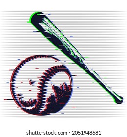 Baseball bat and ball. Distorted picture with noise. Illustration for t-shirt, poster, flyer.