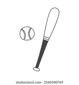 Baseball Bat and Ball Doodle Icon. Hand drawn Softball sports game equipment. Outline vector illustration