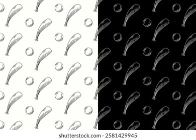 baseball bat and ball doodle seamless pattern on black white background set. softball stick hit ball engraving pattern background. retro softball bat and ball background for sport club merchandise