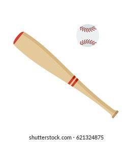 Baseball bat and ball. Flat vector cartoon illustration. Objects isolated on a white background.