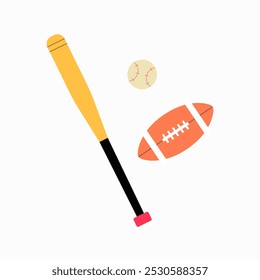 Baseball bat with ball and football in flat vector illustration symbolizing sports, athletic games, and outdoor activities, isolated on white background.