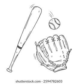 baseball bat, ball and glove, set, doodle style, sketch illustration, hand drawn, vector