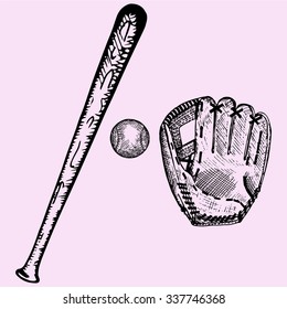 baseball bat, ball and glove, set, doodle style, sketch illustration, hand drawn, vector