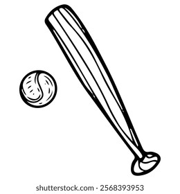 Baseball bat with ball hand drawn doodle. Equipment for team play on stadium. Game time. Vector line art illustration.