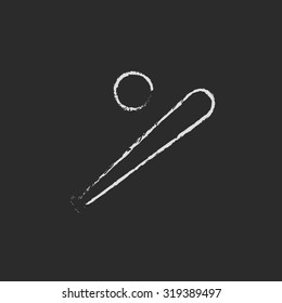 Baseball bat and ball hand drawn in chalk on a blackboard vector white icon isolated on a black background.