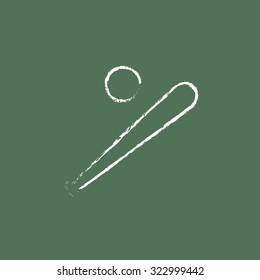 Baseball bat and ball hand drawn in chalk on a blackboard vector white icon isolated on a green background.