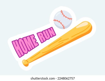 Baseball bat and ball with Home run text. Sports and competition. Vector illustration in cartoon sticker design