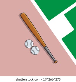 Baseball Bat And Ball icon in flat style isolated on red and field background. For your design, logo. Vector illustration