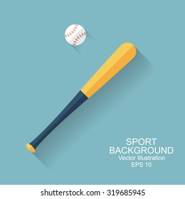 baseball bat, ball, icon with long shadow. sport baseball background. flat style, vector illustration 