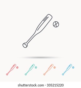 Baseball bat with ball icon. Professional sport equipment sign. Linear icons on white background.