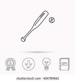 Baseball bat with ball icon. Professional sport equipment sign. Download arrow, lamp, learn book and award medal icons.