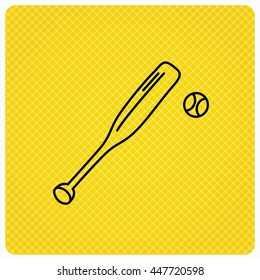 Baseball bat with ball icon. Professional sport equipment sign. Linear icon on orange background. Vector