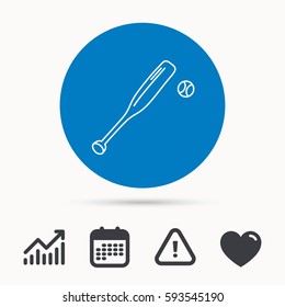 Baseball bat with ball icon. Professional sport equipment sign. Calendar, attention sign and growth chart. Button with web icon. Vector
