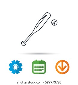Baseball bat with ball icon. Professional sport equipment sign. Calendar, cogwheel and download arrow signs. Colored flat web icons. Vector