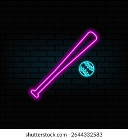 baseball bat with ball icon. Sports equipment, neon style.baseball game, outdoor activity, leisure, playing, team sport, competition,.