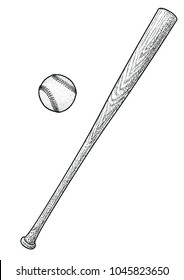 Baseball Bat, Ball Illustration, Drawing, Engraving, Ink, Line Art, Vector