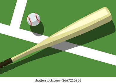 Baseball bat and ball lies on baseball court, view from above, sport poster, vector