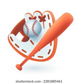 Ilustración 3D de bate de béisbol, bola y mitt o guante. Dibujo de dibujos animados de equipos para jugar baloncesto al estilo 3D sobre fondo blanco. Béisbol, deportes, concepto de estilo de vida saludable