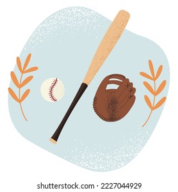 Baseball bat, ball and mitt, hand drawn vector illustration in flat style with grainy texture