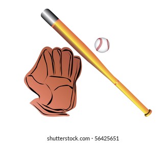 Baseball a bat a ball and a mitten on a white background