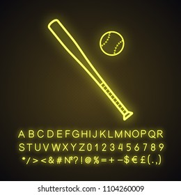 Baseball bat and ball neon light icon. Softball player's equipment. Glowing sign with alphabet, numbers and symbols. Vector isolated illustration