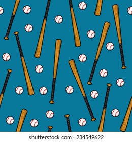 Baseball bat and ball on a blue background, seamless pattern