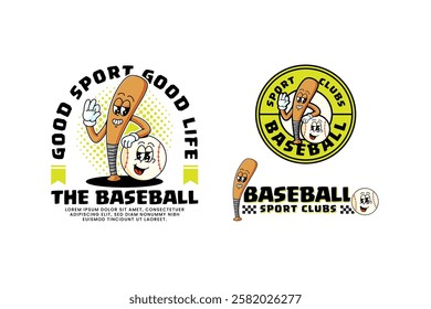 baseball bat and ball retro cartoon character mascot illustration collection set with standing and leaning on each other for baseball softball sport club mascots and merchandise