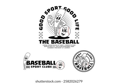 baseball bat and ball retro cartoon character mascot outline line art illustration set with standing and leaning on each other for baseball softball sport club mascots and merchandise