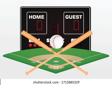 Baseball Bat, Ball, Scoreboard And Field. Vector Illustration