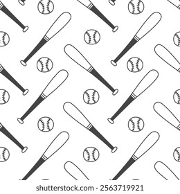 Baseball Bat and Ball Seamless Pattern. Hand drawn Sports Game background with falling outline equipment in doodle style. Repeat vector illustration