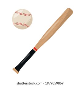 Baseball Bat and Ball set.  Sport equipment elements. Flat vector  icons isolated on white background. 