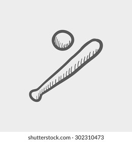 Baseball bat and ball sketch icon for web and mobile. Hand drawn vector dark grey icon on light grey background.