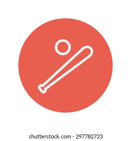 Baseball bat and ball thin line icon for web and mobile minimalistic flat design. Vector white icon inside the red circle.