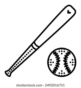 Baseball bat and ball. Vector monochrome illustration, icon of sport accessories, editable stroke