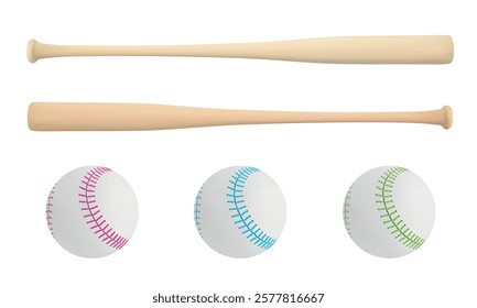 Baseball bat and ball in vector on white background. A baseball made of leather.A baseball bat in a vector.Photorealism.