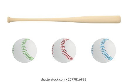 Baseball bat and ball in vector on white background. A baseball made of leather.A baseball bat in a vector.Photorealism.