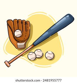 Baseball bat with balls and glove. Sports equipment. Team game. Vector.