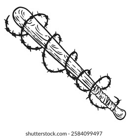 Baseball bat and barbed wire in hand draw sketch style. Creative art element for tattoo, print, game. Grunge monochrome concept design. Vector illustration.