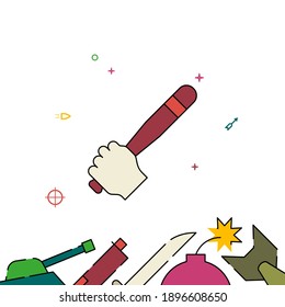 Bate de béisbol, batuta en icono vector de línea rellena a mano, ilustración simple, borde inferior relacionado con el arma.