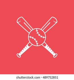 Baseball Bat Cross Line Icon On Red Background