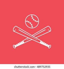 Baseball Bat Cross Line Icon On Red Background